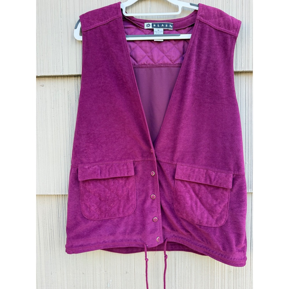 Vintage Blast Purple Faux Suede Quilted Utility Vest Snap Front Drawstring M